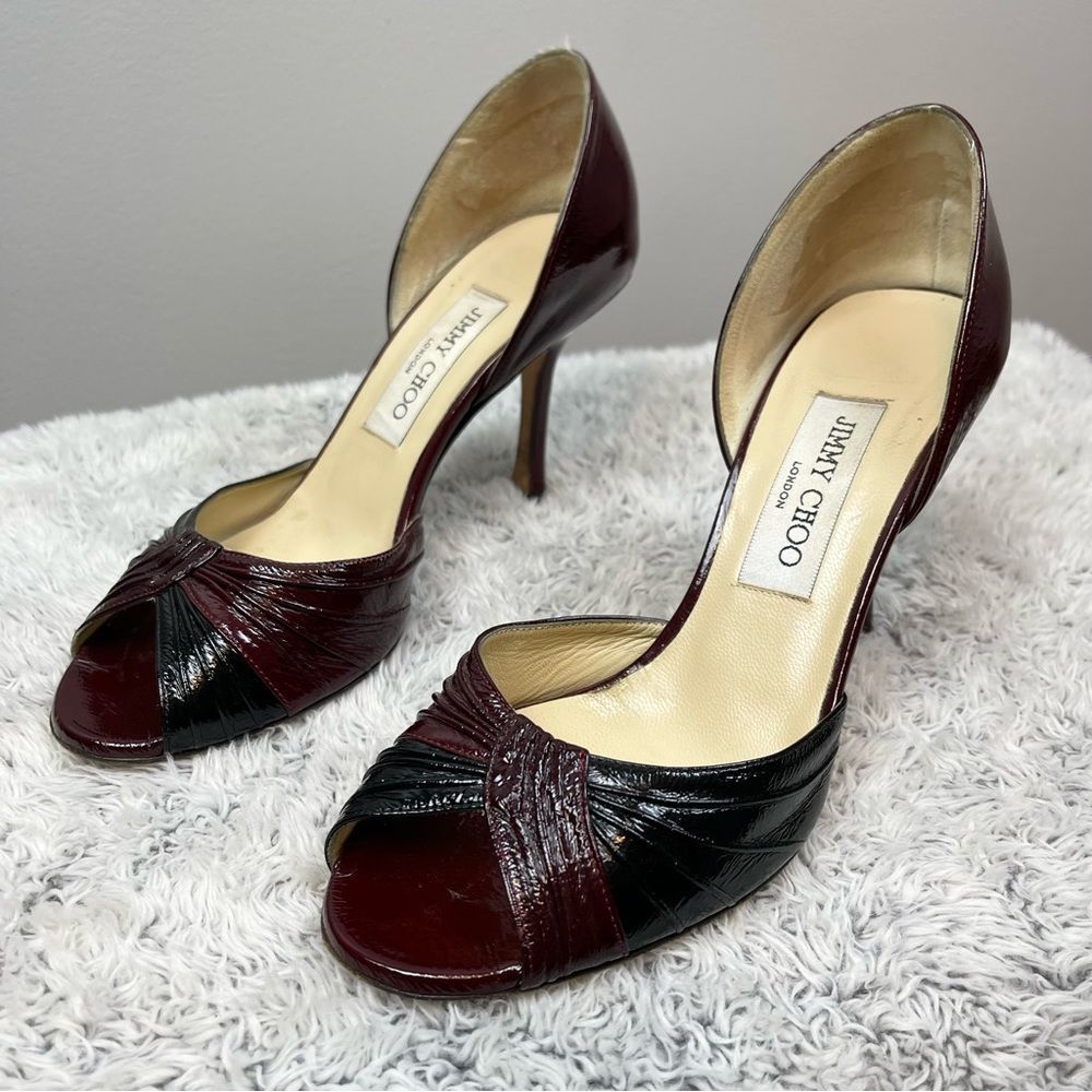 Jimmy Choo Peep Toe Heels Burgundy Bordeaux & Black Sz 37 7 US